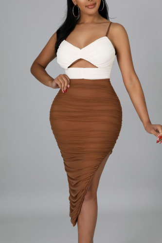 Brown Sexy Solid Hollowed Out Patchwork Slit Fold Spaghetti Strap Sling Dress Dresses