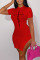 Red Sexy Print Split Joint O Neck One Step Skirt Dresses