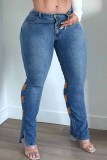 Deep Blue Fashion Casual Solid Ripped Hollowed Out Plus Size Jeans