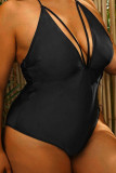 Black Red Fashion Sexy Print Solid Bandage Backless Plus Size Swimwear (With Paddings)