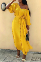 Yellow Casual Sweet Solid Split Joint Flounce V Neck Straight Dresses