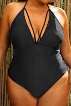 Black Fashion Sexy Print Solid Bandage Backless Plus Size Swimwear (With Paddings)