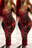 Red Sexy Casual Print Backless Strapless Plus Size Dresses