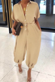 Khaki Fashion Solid Patchwork V Neck Harlan Jumpsuits