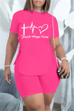 Pink Fashion Casual Print Bandage Slit O Neck Short Sleeve Two Pieces