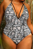 Black Red Fashion Sexy Print Solid Bandage Backless Plus Size Swimwear (With Paddings)
