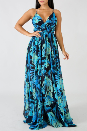Deep Blue Fashion Casual Print Backless V Neck Sling Dress