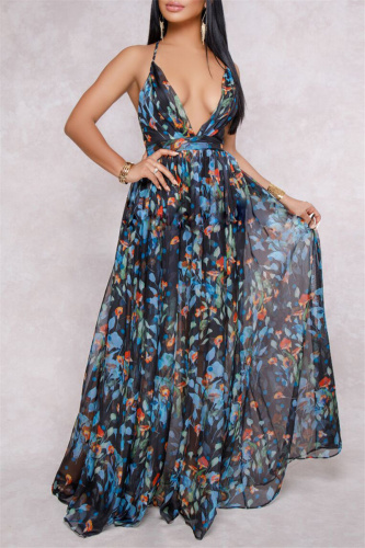 Blue Black Fashion Casual Print Backless V Neck Sling Dress