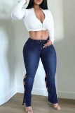 Deep Blue Fashion Casual Solid Ripped Hollowed Out Plus Size Jeans