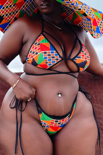 Multicolor Sexy Print Bandage Backless Spaghetti Strap Plus Size Swimwear (With Paddings)
