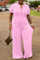 Pink Fashion Casual Solid Split Joint V Neck Plus Size Jumpsuits