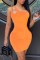 Orange Fashion Sexy Solid Backless One Shoulder Sleeveless Dress Dresses