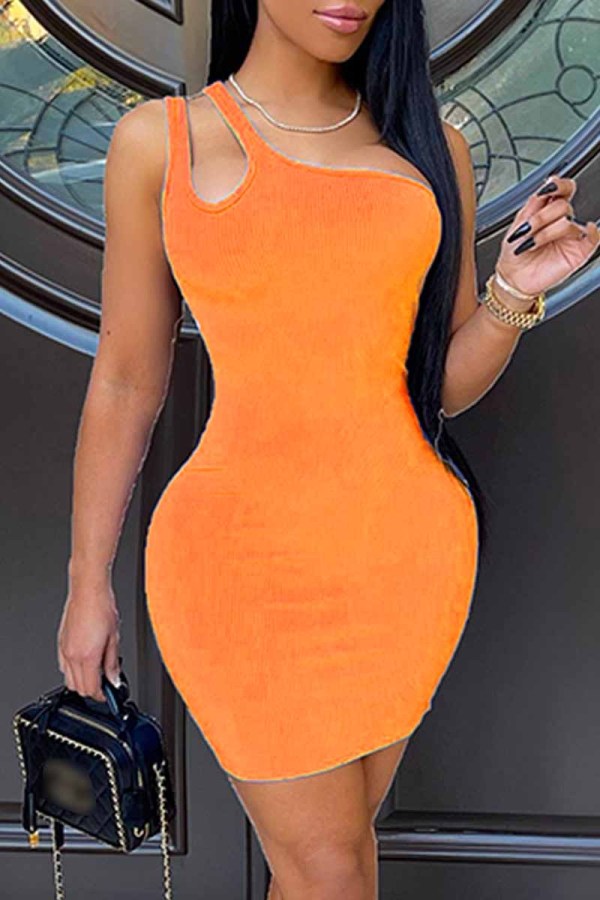 Orange Fashion Sexy Solid Backless One Shoulder Sleeveless Dress Dresses