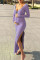 Light Purple Fashion Casual Solid Bandage Hollowed Out Slit V Neck Long Sleeve Dresses