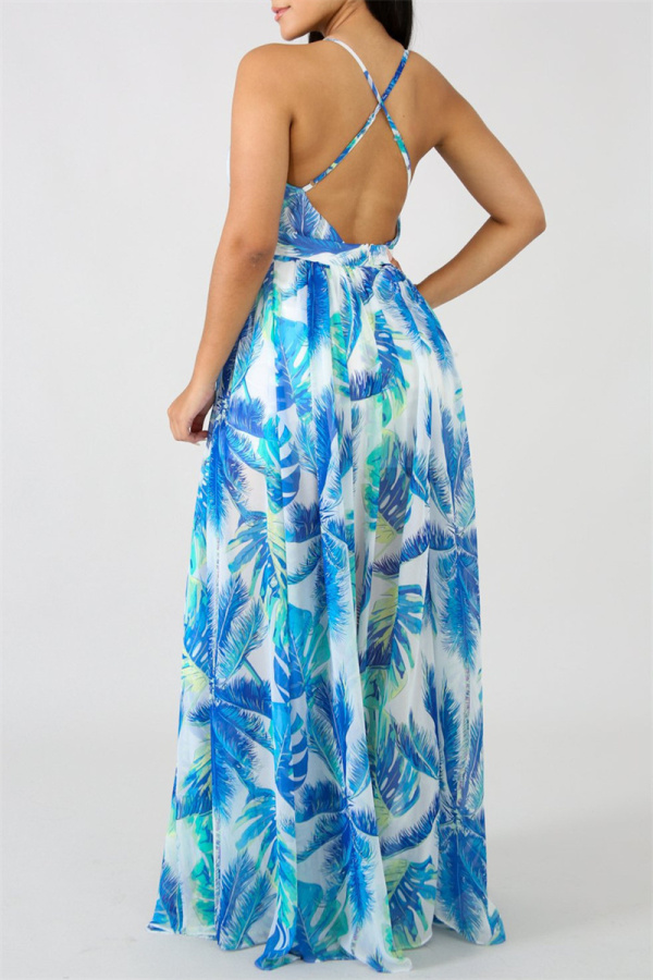 Elegant Vacation Color Lump Print Backless Flounce V Neck Sling Dress Dresses