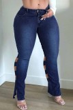 Medium Blue Fashion Casual Solid Ripped Hollowed Out Plus Size Jeans