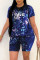 Blue Fashion Casual Print Basic O Neck Short Sleeve Two Pieces