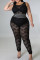 Black Fashion Sexy Patchwork See-through Vests Pants O Neck Plus Size Two Pieces