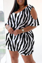 Black Fashion Casual Striped Print Hollowed Out V Neck Regular Jumpsuits