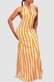 Yellow Casual Striped Print Patchwork Backless Halter Dresses