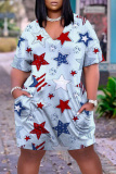 Light Blue Flag Stars Print V Neck Short Sleeve African Plus Size Loose Straight Midi Dresses
