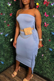 Light Blue Sexy Casual Solid Tassel Patchwork Backless Strapless Sleeveless Dress