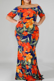 Red Fashion Casual Plus Size Print Backless Off the Shoulder Long Dress