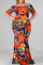 Orange Fashion Casual Plus Size Print Backless Off the Shoulder Long Dress