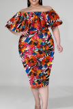 Tangerine Red Fashion Casual Plus Size Print Patchwork Off the Shoulder Short Sleeve Dress