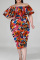 Tangerine Red Fashion Casual Plus Size Print Split Joint Off the Shoulder Short Sleeve Dress