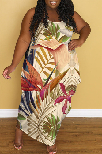Apricot Fashion Casual Plus Size Print Backless Spaghetti Strap Long Dress