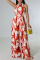 Red Fashion Casual Print With Belt O Neck Regular Jumpsuits
