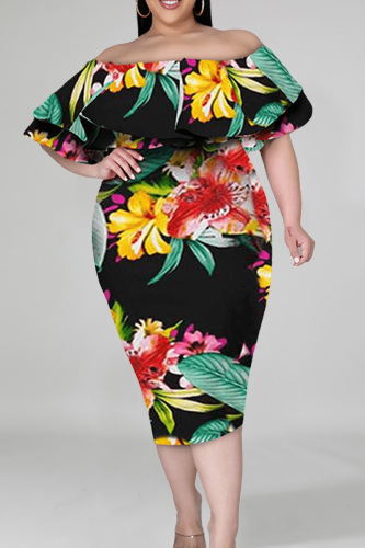 Black Fashion Casual Plus Size Print Patchwork Off the Shoulder Short Sleeve Dress