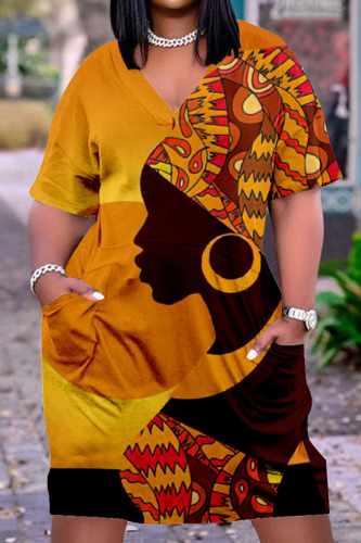 Orange Casual Street Print Patchwork V Neck Straight Dresses