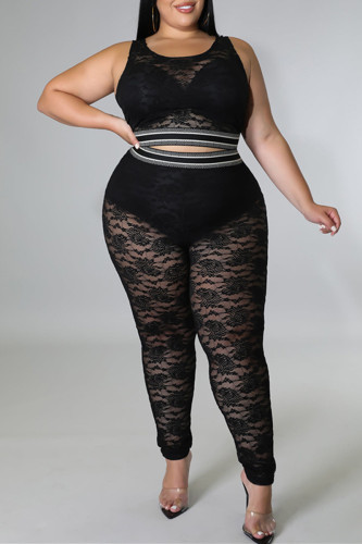 Black Fashion Sexy Patchwork See-through Vests Pants O Neck Plus Size Two Pieces
