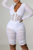 White Sexy Solid Split Joint See-through Zipper V Neck Skinny Jumpsuits