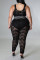 Black Fashion Sexy Patchwork See-through Vests Pants O Neck Plus Size Two Pieces