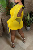Yellow Fashion Sexy Solid See-through Backless V Neck Long Sleeve Two Pieces