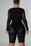 Black Sexy Solid Patchwork See-through Zipper V Neck Skinny Rompers