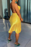 Light Yellow Sexy Solid Backless Spaghetti Strap One Step Skirt Dresses