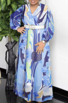 Blue Fashion Casual Print With Belt V Neck Long Sleeve Plus Size Dresses