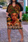 Black Brown Fashion Casual Print Basic V Neck Short Sleeve Dress
