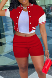 Rose Red Casual Solid Patchwork Short Sleeve Two Pieces