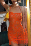 Tangerine Red Sexy Solid Tassel Hollowed Out Patchwork See-through Backless Halter One Step Skirt Dresses