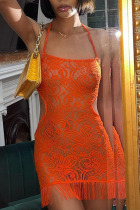 Tangerine Red Sexy Solid Tassel Hollowed Out Split Joint See-through Backless Halter One Step Skirt Dresses