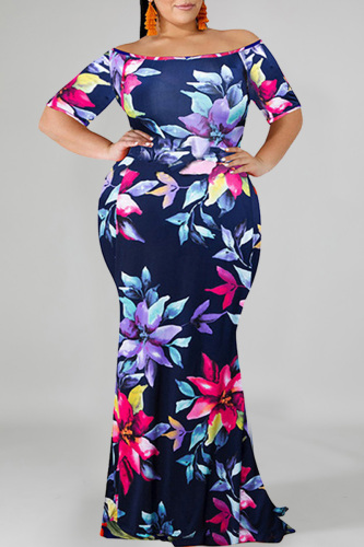 Blue Fashion Casual Plus Size Print Backless Off the Shoulder Long Dress