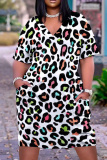 Dark Khaki Fashion Casual Print Leopard Basic V Neck Short Sleeve Dress