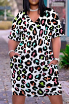 White Fashion Casual Print Leopard Basic V Neck Short Sleeve Dress