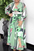 Green Fashion Casual Print With Belt V Neck Long Sleeve Plus Size Dresses