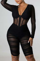 Black Sexy Solid Split Joint See-through Zipper V Neck Skinny Jumpsuits